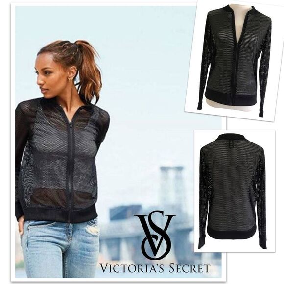Victorias Secret Sport Black Zip Up Mesh Bomber Jacket - Picture 1 of 11